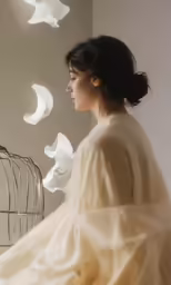 woman standing in front of bird cage with moon flying behind her