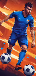 the man is kicking the soccer ball in his hand,the soccer player is flying up toward a soccer ball