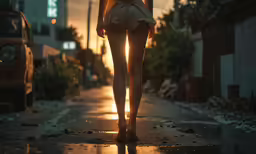 a woman walking down the street with the sun setting
