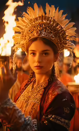 a woman with an ornate headdress is lit by candles