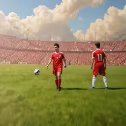 two soccer players playing with a ball on the field