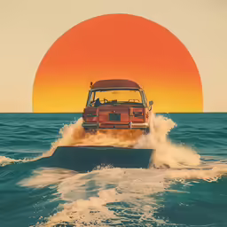the vintage car is driving on the waves in front of the sun