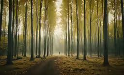 a person in a forest with trees and dirt path
