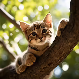 a cat with black, white and grey stripes sits on a branch