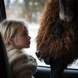 a young girl sitting in a car next to an animal head
