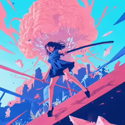 illustration of a girl on stairs holding a sword