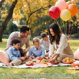 a woman and three boys are setting on a blanket on a lawn