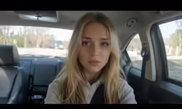 a woman driving in her car with blue eyes
