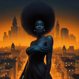 an illustration of a woman standing in front of a city at night