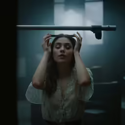 a woman with her head near a pole