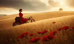 a woman in a red dress riding on a motorcycle