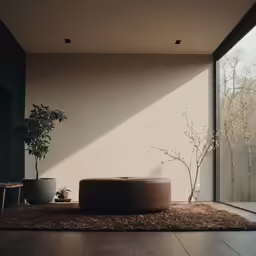 this living room has a brown rug, potted plant and a round ottoman