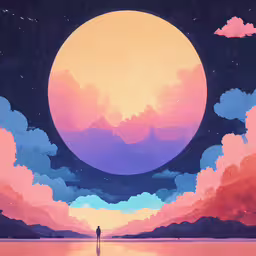 an artwork work with a man standing in front of an overcast sky,a man looking at the sunset and clouds
