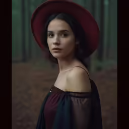 a woman wearing a hat in front of trees