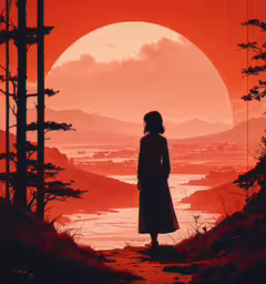 a silhouette image of a person in an orange sun,silhouette of woman in landscape by water under orange sun