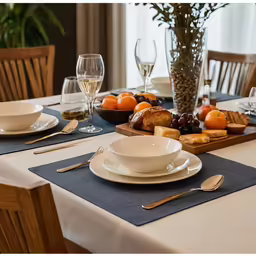 a table setting for dining with wine glasses and fruit