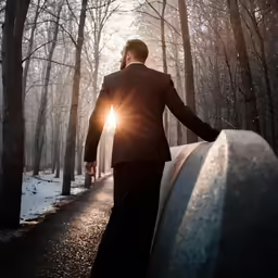 a woman walking on a path in the woods