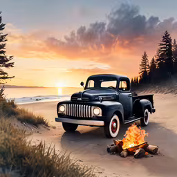 an old fashion truck parked on the beach,an old car is on fire in the sand