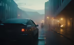 a car on a dark street near some buildings at night