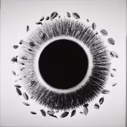a black and white photograph of a circle shaped object with leaves