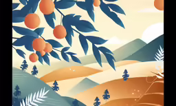 a drawing of a mountain range with an orange tree branch