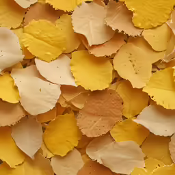 many yellow and brown leaves are spread together