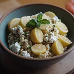 a bowl filled with rice and lemon slices