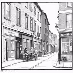 a street scene with two men talking to the men on a street corner