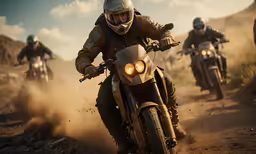 two people riding motorbikes on a dusty road