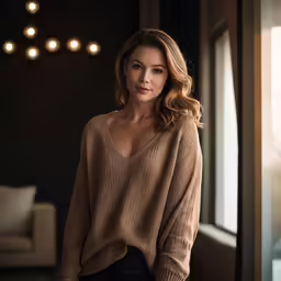 woman in sweater standing near window looking to camera