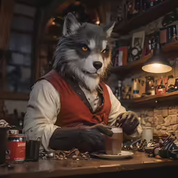 a wolf sitting at a table with some coffee cups and plates