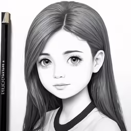 a girl with long dark hair in a tank top drawing a picture of her face