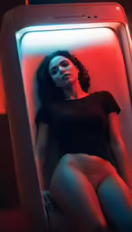 a woman in a black top lies naked in a chair