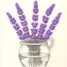 a drawing of lavender in a glass pitcher,lavender flowers are in a white bowl drawn in graphite,drawing of flowers in a vase with wire in the water,a drawing of lavender flowers in a vase,a drawing of a vase with purple flowers