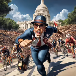 this is a caricature of a cyclist in front of a crowd of people