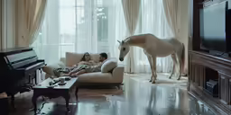 couple relaxing in front of tv in living room with horse statue