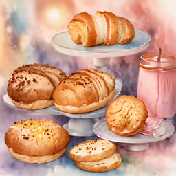 a painting of some pastries on a plate and on a table,a watercolor painting of bread and a drink