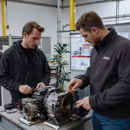 two men looking at an engine on a work bench