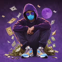 a person wearing a face mask, blue hoodie, and sneakers on the ground surrounded by money,the man wearing a surgical mask sits down surrounded by money