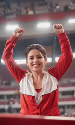 young girl at a gymnastics event raising her fists