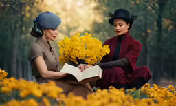 two women with hats sit in the yellow flowery field and read a book