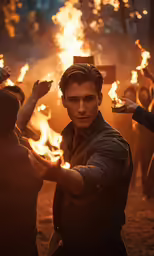 a young man holding a box on his arm in front of a crowd