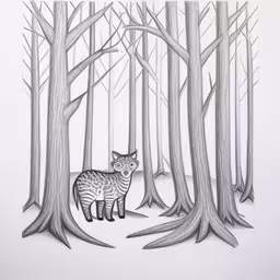 a drawing of a cat in a tree lined area