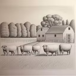 the sheep are in a field near a barn