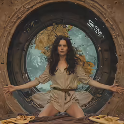a girl sits on a dirty bed while in front of a surrealist scene