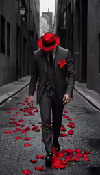 a man in a suit and hat walks down an alley