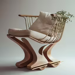 the chair is next to a plant on a white surface