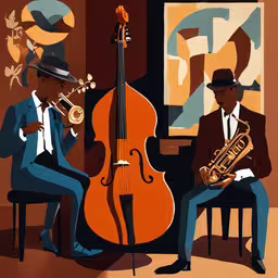two men playing instruments sit in front of a large picture,a trio of men in suits sit on chairs and play music