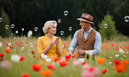 a man and woman standing in a flower field