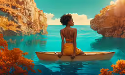 a woman wearing a yellow bikini and a tan swimsuit is sitting in a yellow boat on the water with yellow trees,a woman sits in a canoe in the ocean